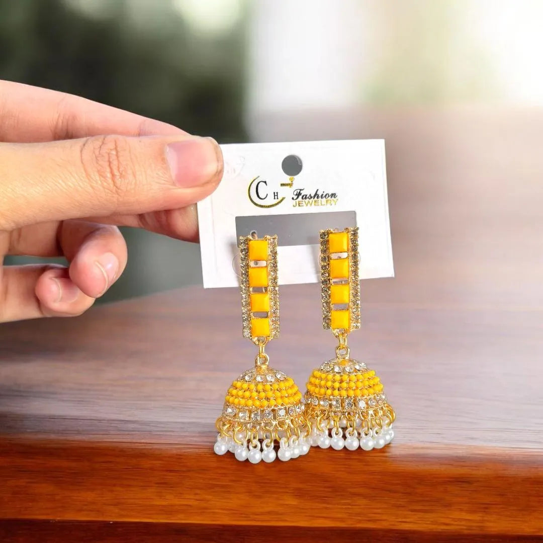 Funky Gold Plated Crystal Jhumka Earrings
