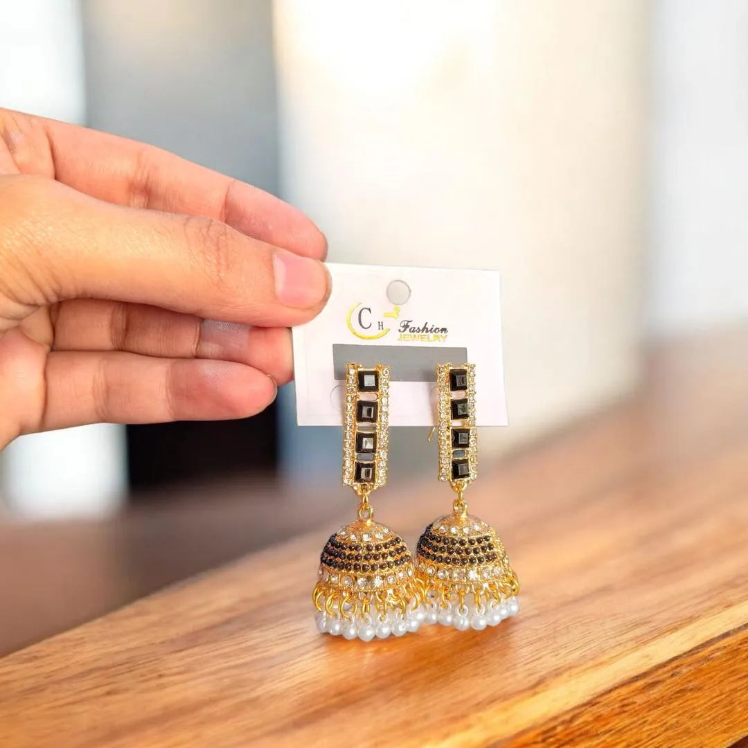 Funky Gold Plated Crystal Jhumka Earrings